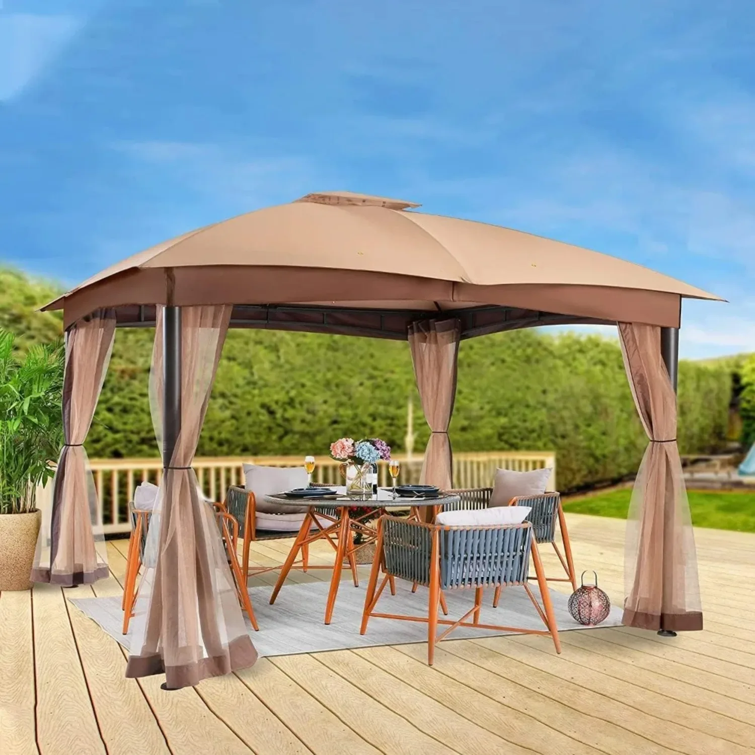 Double Canopy Gazebo, Outdoor Gazebo with Privacy Netting, Strong Legs Easy Setup Patio Pavilion for Lawn, Backyard, Camoing