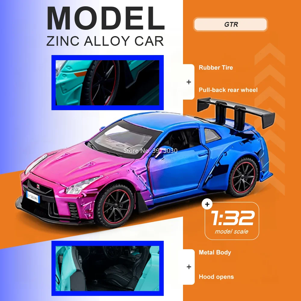 

1:32 GTR Martini Diecast Alloy Car Model Toys Doors Opened Pull Back Metal Body Rubber Tire Vehices Surprise Gifts for Husband