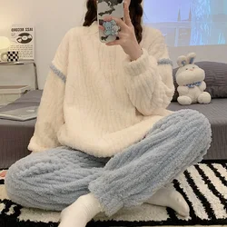 Plus-velvet Pajama Sets Women Warm Winter Loose Leisure Gentle Soft Pulpy Girls Simple All-match Basic Thicken Sleepwear 2023