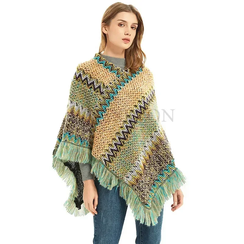 Women Winter Cloak Soft Knitted Stripe Tassel Cardigan Capes Shawl Coat Ponchos Female Ethnic Cape Poncho Cloak Dropship