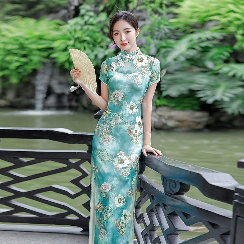 2025 new summer gauze cheongsam women\'s improved dress chinese style elastic slimming long traditional printed qipao dress w305