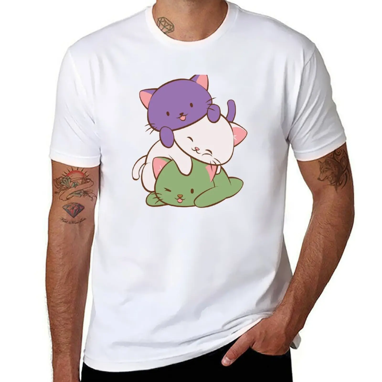 

Genderqueer Pride Flag Kawaii Cats T-Shirt funny t shirts cotton man t shirts for men casual T-Shirt