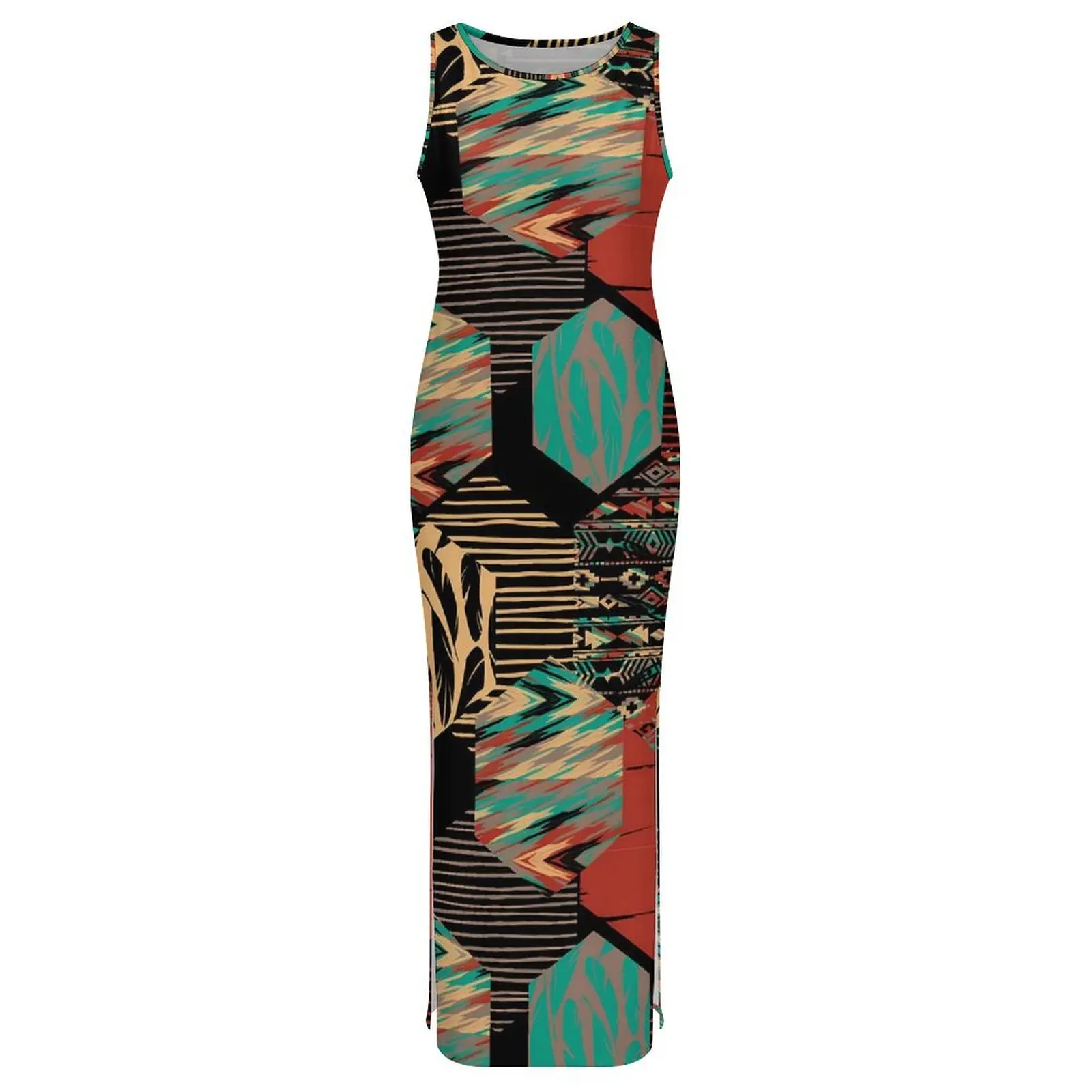 Tribal Print Bodycon Dress Spring Cute Ethnic Vintage Maxi Dresses Women Sleeveless Design Street Style Dress Big Size 3XL 4XL