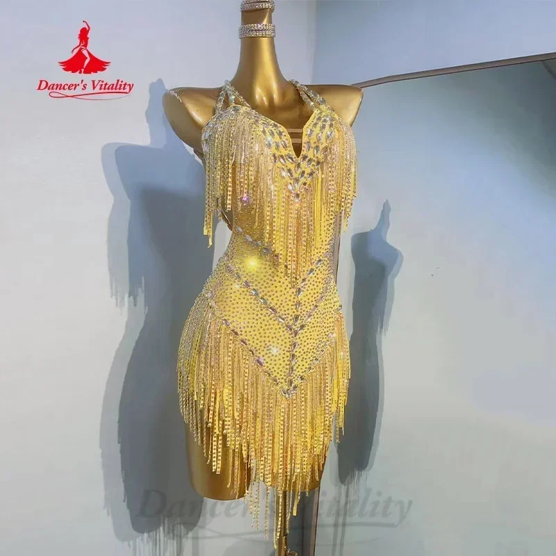 Latin Dance Performance Costume for Women High-end Custom Luxury Full Diamond Tassel Backless Dress Girls Competition Dresses