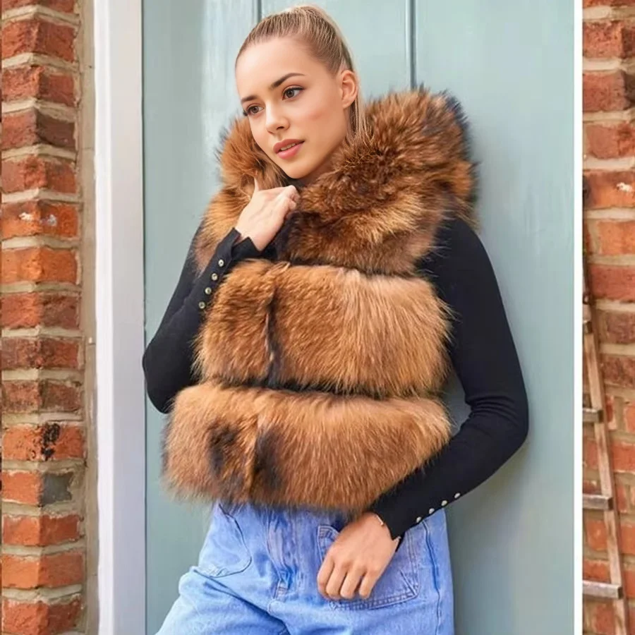 Real Raccoon Fur Vest Women Waistcoat Autumn Winter Fashion Fur Gilet Fast Shipping