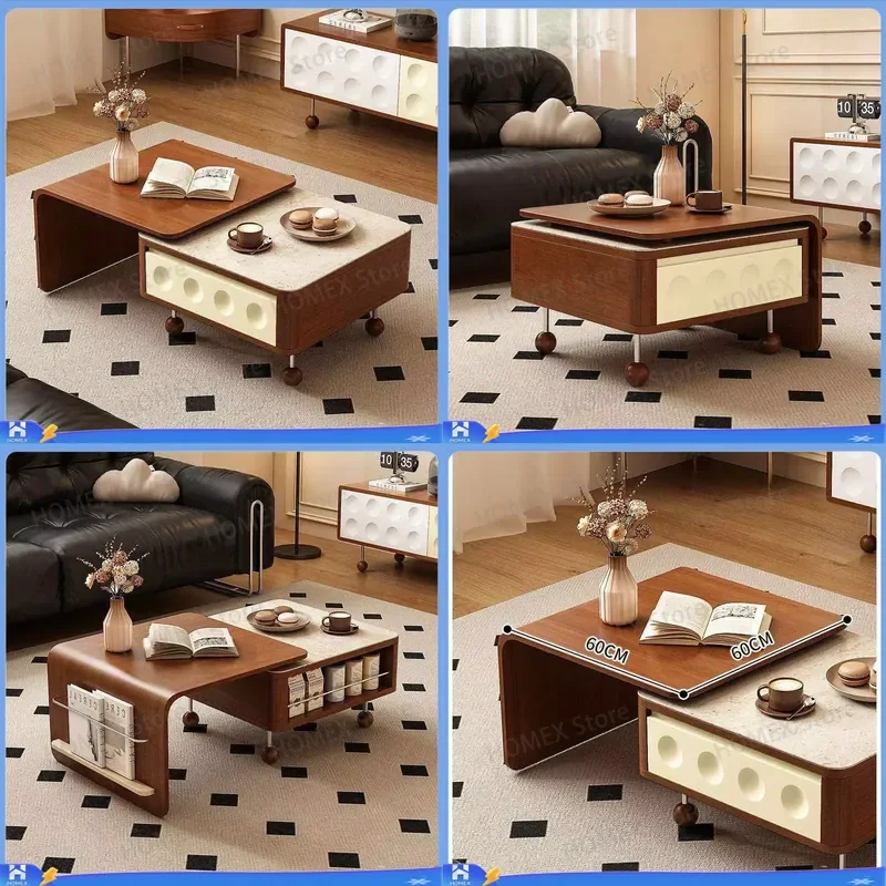 French Medieval Style Retractable Coffee Table Small Apartment Multifunctional Square Boxwood Stone Creative Sofa Side Table