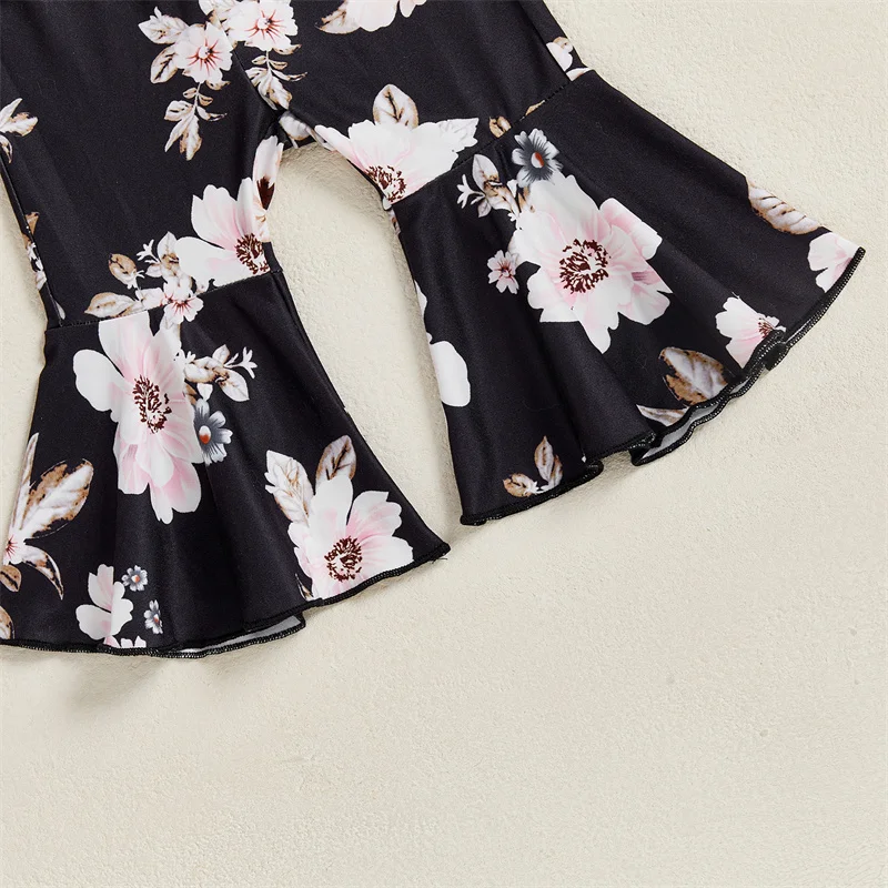 Cathery conjunto de roupas infantis para meninas, cor sólida, pulôveres de manga comprida, tops e estampa floral, fundo de sino, 2 peças, roupas 2025