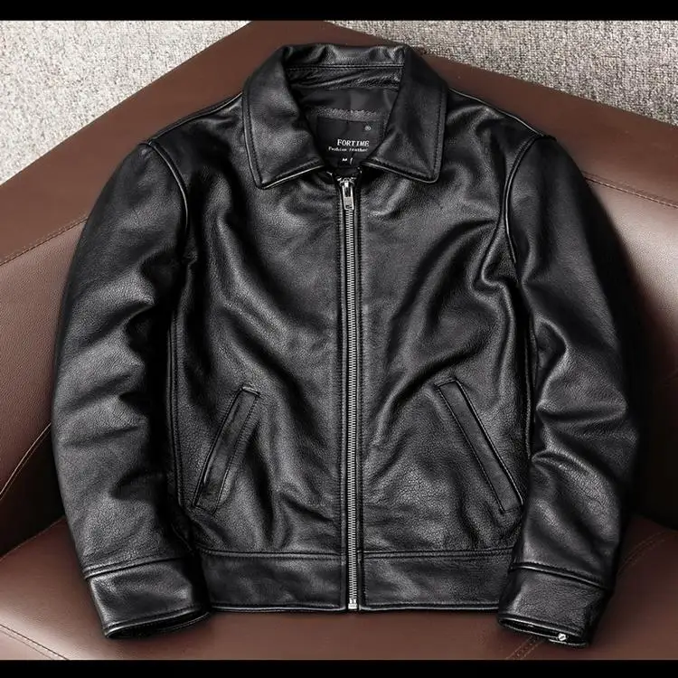 

Spring Fashion Men's Flip-Collar Top Layer Cowhide Genuine Leather Jacket Short Workwear Style Leather Coat Casual Urban Look