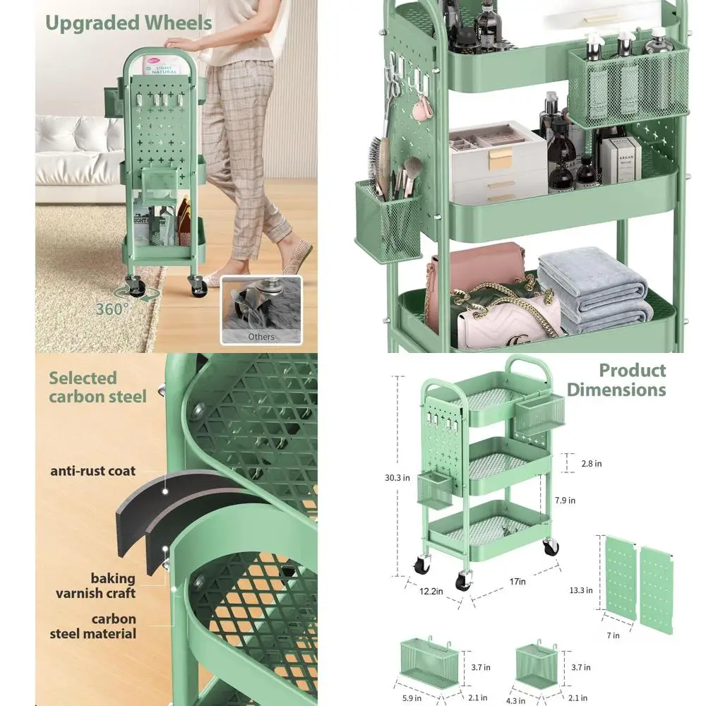 

Зеленая трехъярусная тележка на колесиках с металлическими перилами, перфорированными досками, корзинами и крючками для хранения в офисе, кухне и ванной комнате