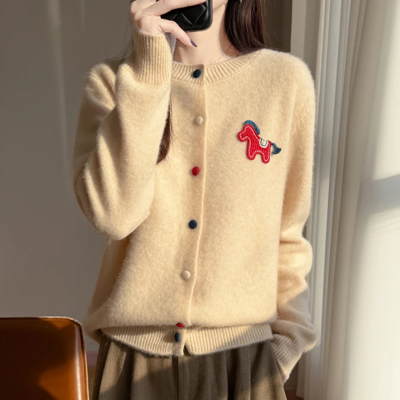 

100% Merino Wool Sweater Women's Short Cardigan O-Neck Knitwear Colorful Single Breasted 3D Pony Icon Spring Autumn Sweater Tops