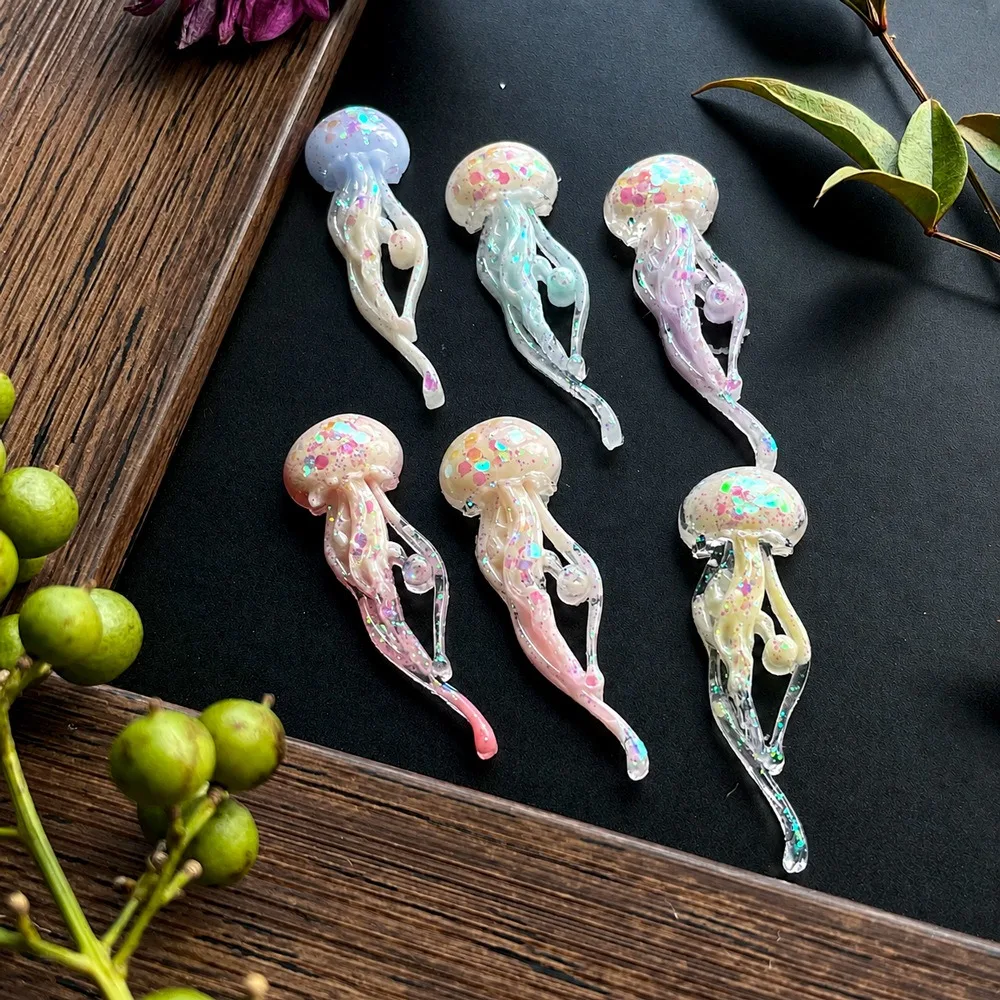 10pcs Kawaii Glitter Jellyfis Resin Flat back Cabochons Cute Sea Jelly Charms, DIY Ornament Jewelry Making Hairpin Accessories