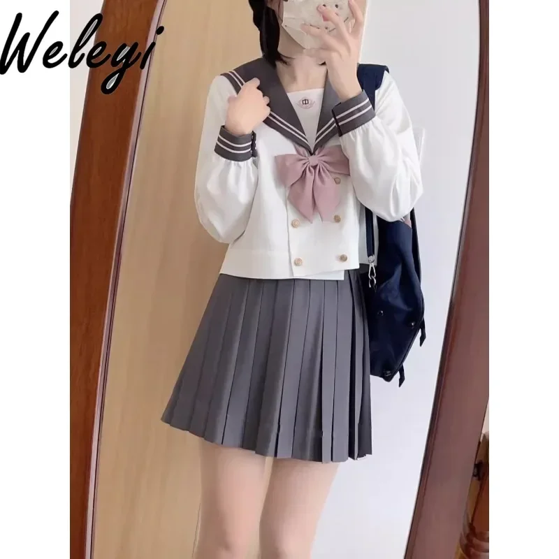 Genuine Cutecore College Style Jirai Kei Uniform Suit Autumn and Winter Knitting Cardigan Sailor Y2k Set Fashion Sweaters Sets