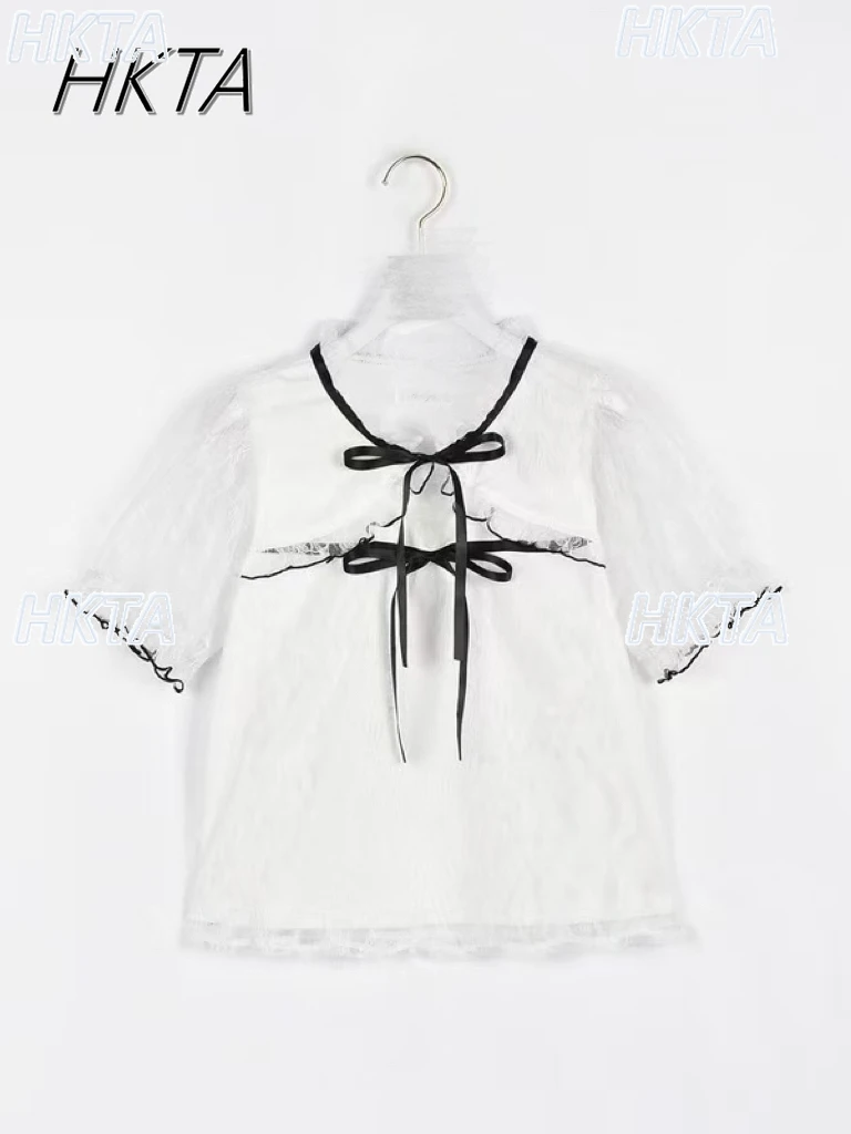 Estilo japonés agradable arco encaje hasta encaje hueco Tops camisa mujeres desplazamientos versátil cuello redondo manga corta blanco rosa camiseta