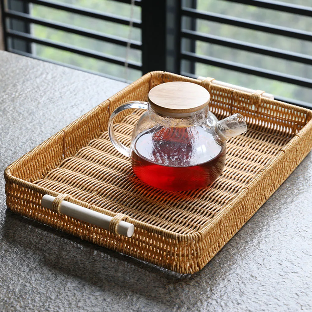 

Imitation Rattan Bread Plate Compact Utensil Organizer Kitchen Storage Basket Plastic Sturdy Non-Skid Fruit Snacks Decorative