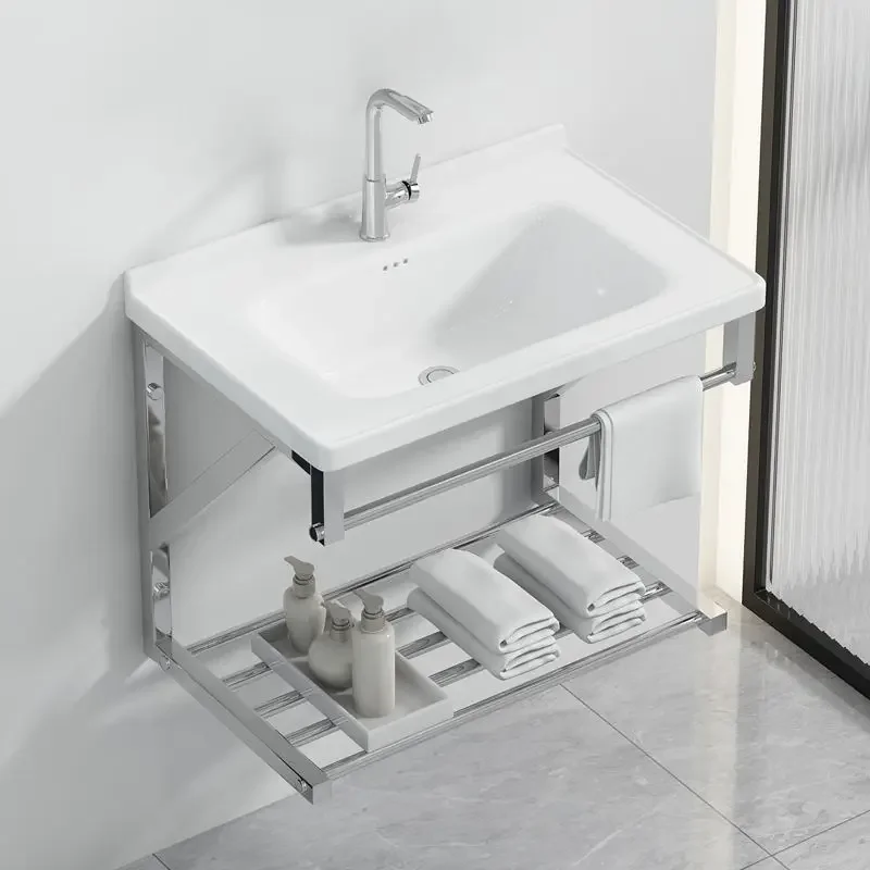Balcony wall-mounted washbasin, integrated ceramic bathroom washbasin, simple stainless steel bracket, washbasin waterproof