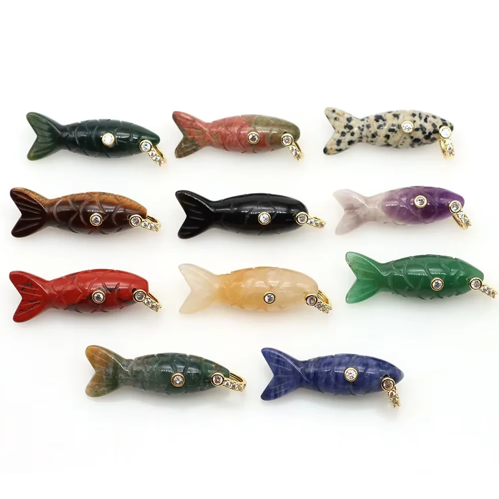 Fish Shape Natural Stones Inlaid Zircon Healing Crystal Amethyst Rose Quartz Carved Gemstone for DIY Jewelry Accessories