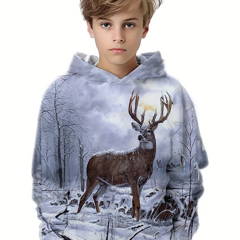 Deer In The Snow 3D Print Boys Long Sleeve Hoodie Fashion Animal Sweatshirt For Boy Girl Spring Kids Hoodies Tops Chico Sudadera