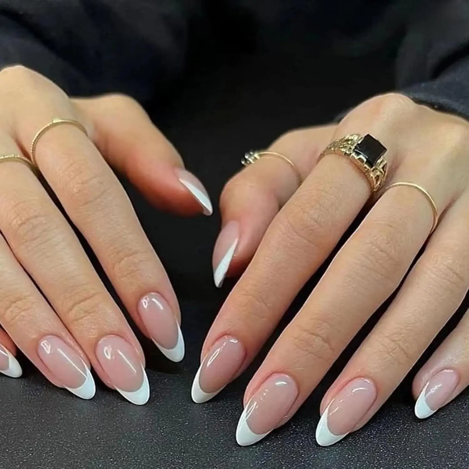 Short  Almond French Tip Nude White Press on Nails Designs Glossy Removable  Set with Glue Stickers  Acrylic Full Cover Stick