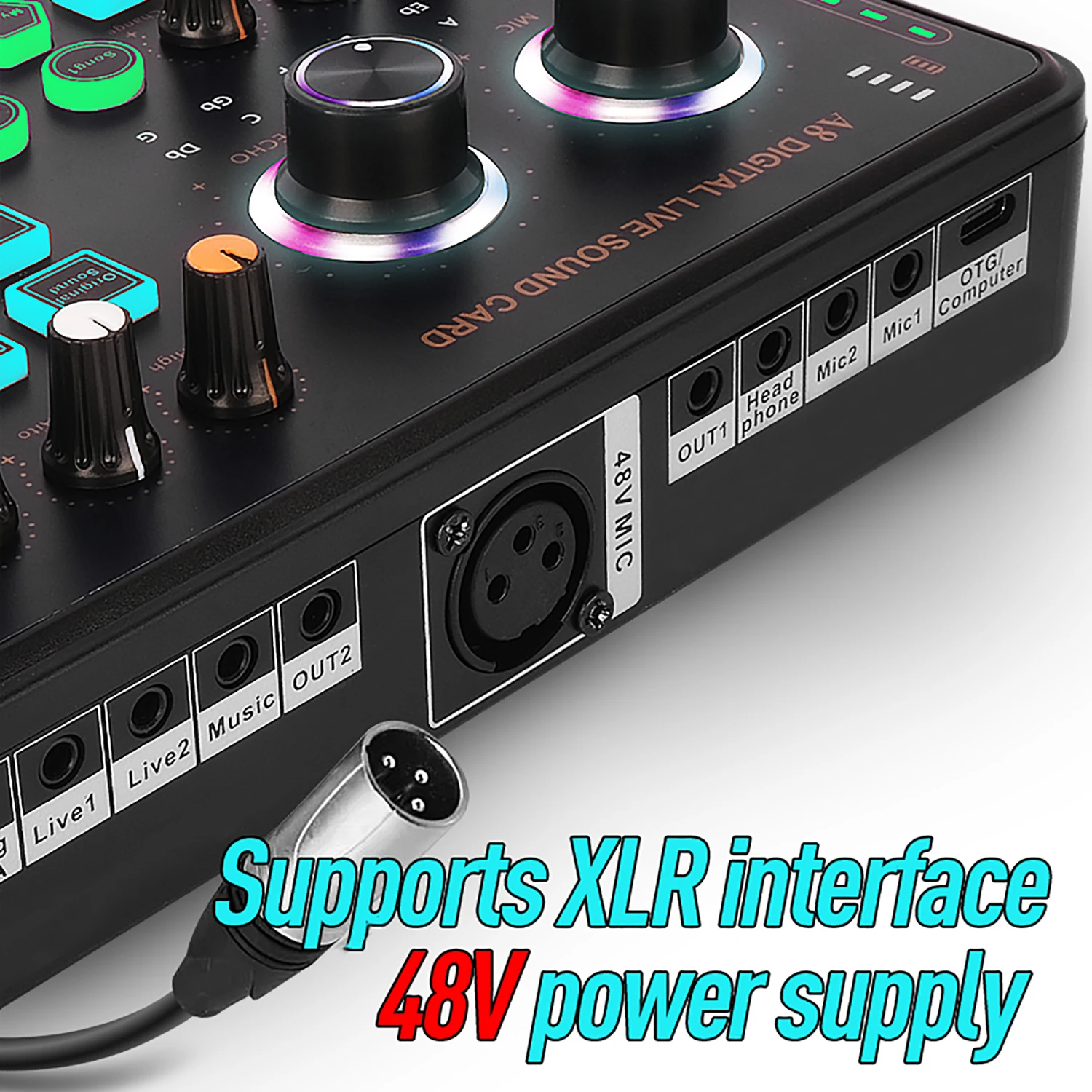 GAX-A8 Digital Live Sound Card Supports 48V Live Audio USB External Computer Mobile Phone Singing Recording Soundcard Mini Mixer