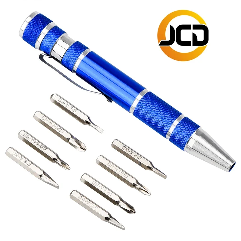 JCD Portable 8 in 1 Aluminum Pen Style Screw Driver Multi-Tool Precision Mobile phone Repair Tool Kit Screwdriver Set Bits