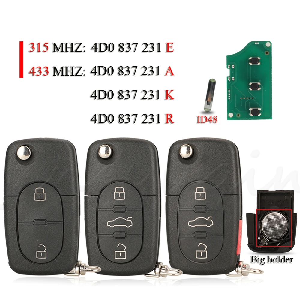 jingyuqin 2/3/4BTN Smart Remote Car Key Fob 315/433Mhz ID48 4D0837231E / K/ A/ R For Audi A3 A4 A6 A8 TT RS4 Quattro Old Models