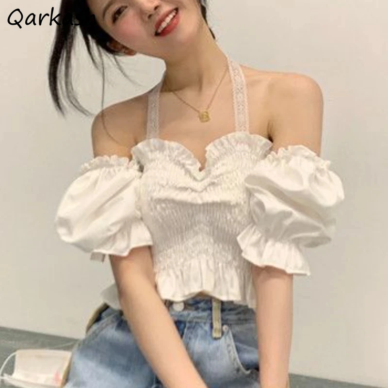 

Puff Sleeve Kawaii Blouses Women Clothing Temper Summer Crop Halter Tops Sexy Slim Streetwear Vintage Vacation Girlish