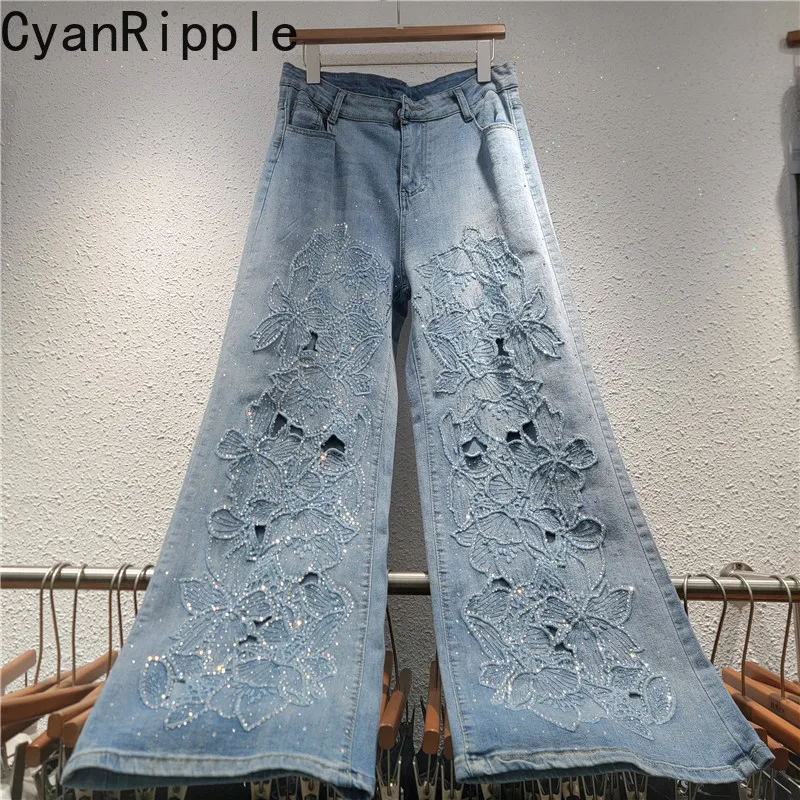 

High Quality Shiny Hot Diamonds Embroidery Hollow Out Long Denim Trousers New Spring Summer Women Wide Leg Jeans Straight Pants