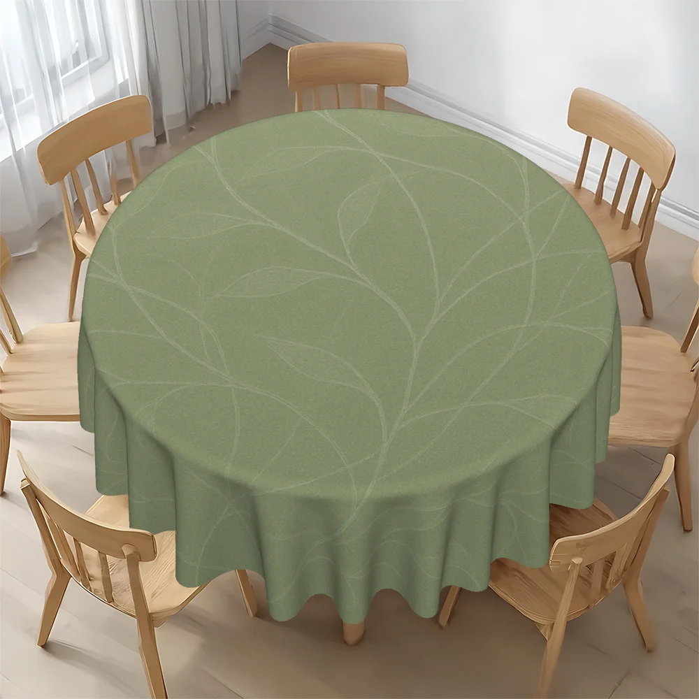 Round tabletop cover, featuring a natural theme with a light green design of leaf patterns.