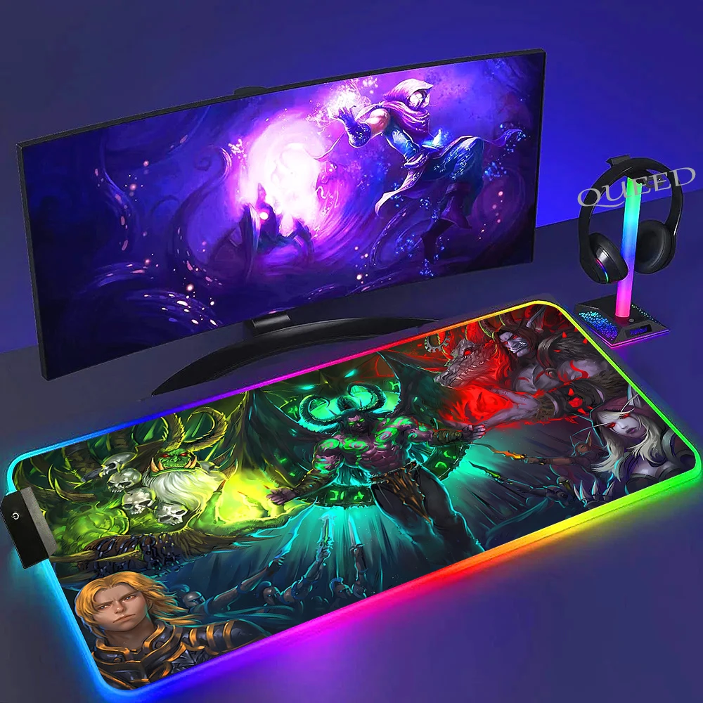 World Of Warcraft Illidan RGB Tappetino per mouse da gioco XXL Computer Gamer Tappetino per mouse a LED grande Decorazione desktop WOW Tappetino da