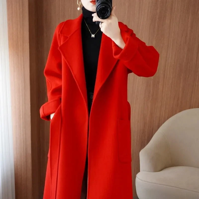 100% Wool Coat Women\'s Wear 2024 Autumn/Winter Fashion Temperament Double sided Cashmere Coats with Belt Elegant Long Overcoat