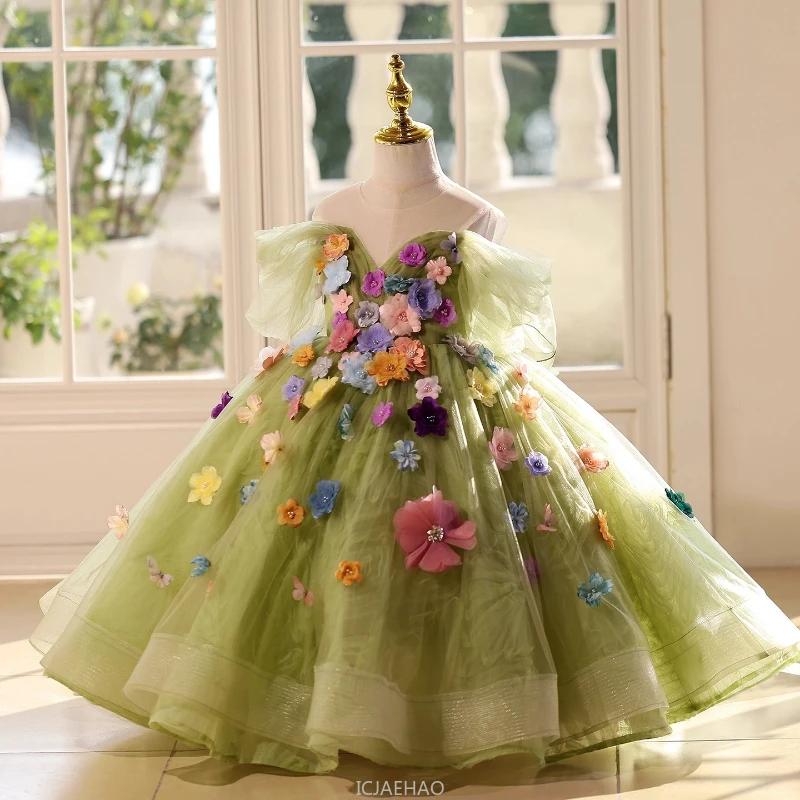 

Long Dress 2025 Children Green Floral Girls Clothes Birthday Princess DressesPerformance Kids Outfit Costume Pageant Host Piano