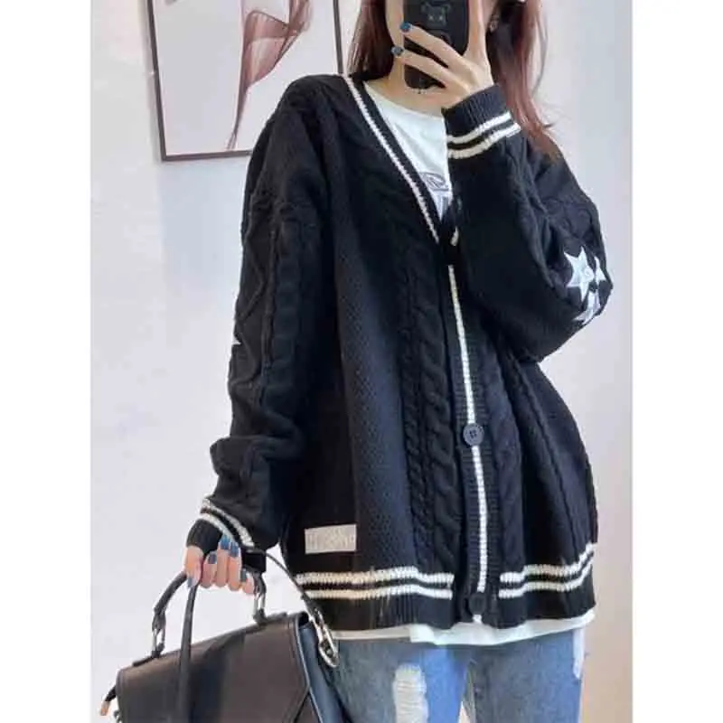 Preppy Style Sweet Women Cardigan Sweater Spring Autumn Star Embroidery Street Fashion Casual Oversized Knit Long Sleeve Coats