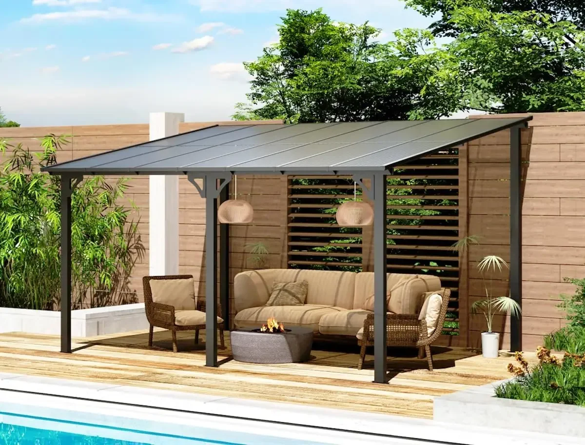 U-MAX 10' x 14' Outdoor Pergola Gazebo, Wall-Mounted Lean to Metal Awnings Gazebos on Clearance for Patio,