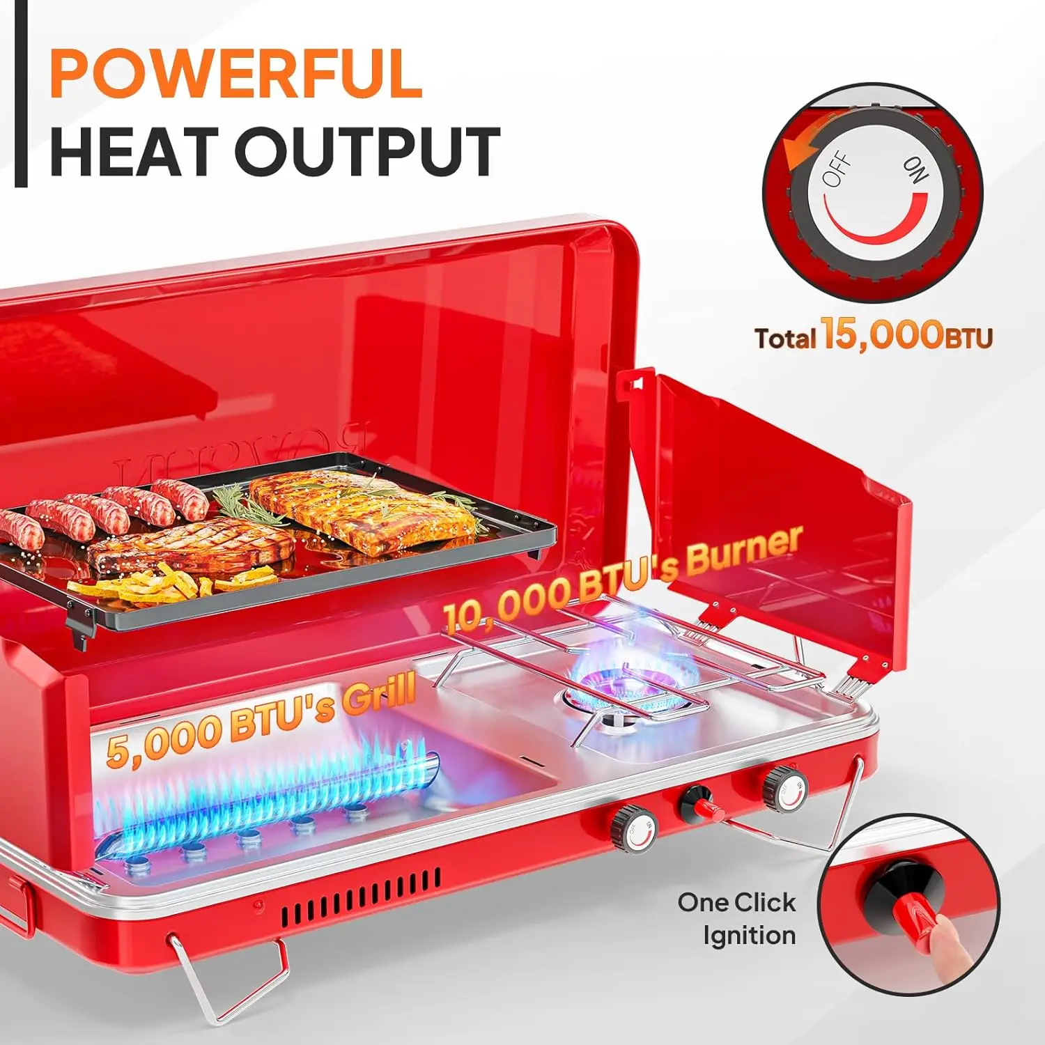 Tragbarer 2-in-1-Campingkocher und Propangrill mit Emaille-Grillplatte und Piezo-Zünder, Tisch-Campingkocher mit integriertem Griff