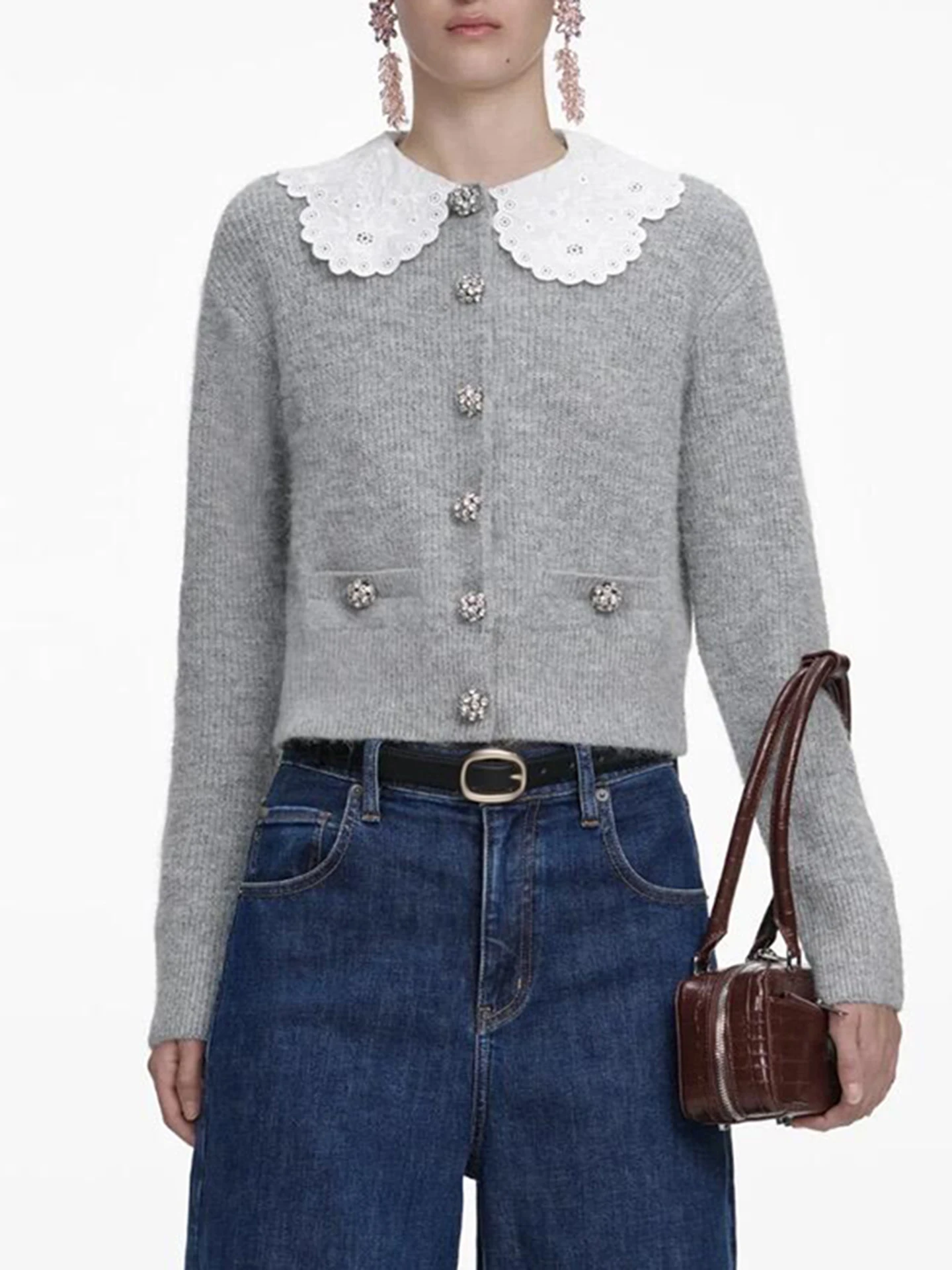 

Высококачественный осенне-зимний вязаный свитер с кукольным воротником в маленьком стиле, повседневные широкие брюки с высокой талией и пуговицами синего цвета