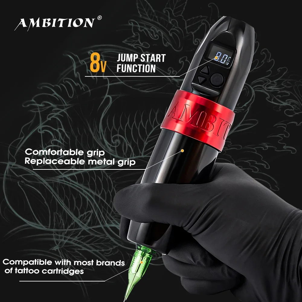 Ambition Boxster Strong Coreless Motor Professional Wireless Tattoo Machine Pen with RCA Connector and Spare Grip