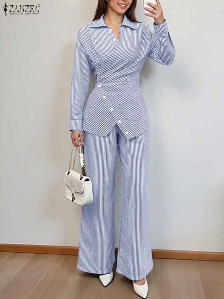 

ZANZEA Women's Striped 2 Piece Pant Sets Fashion Lapel Long Sleeve Tie-Waist Blouses and Wide Leg Pants Suit Office Wear Outfits