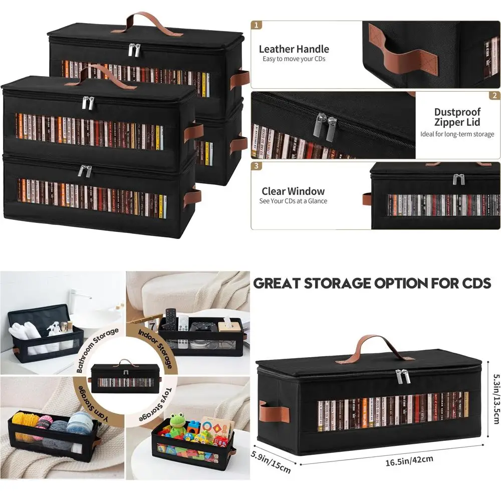 

4-Pack CD Case Holder with Clear Window, Holds 150 CDs/DVDs/Blu-rays, Media Storage Rack, 16.5 x 8.3 x 8, Black