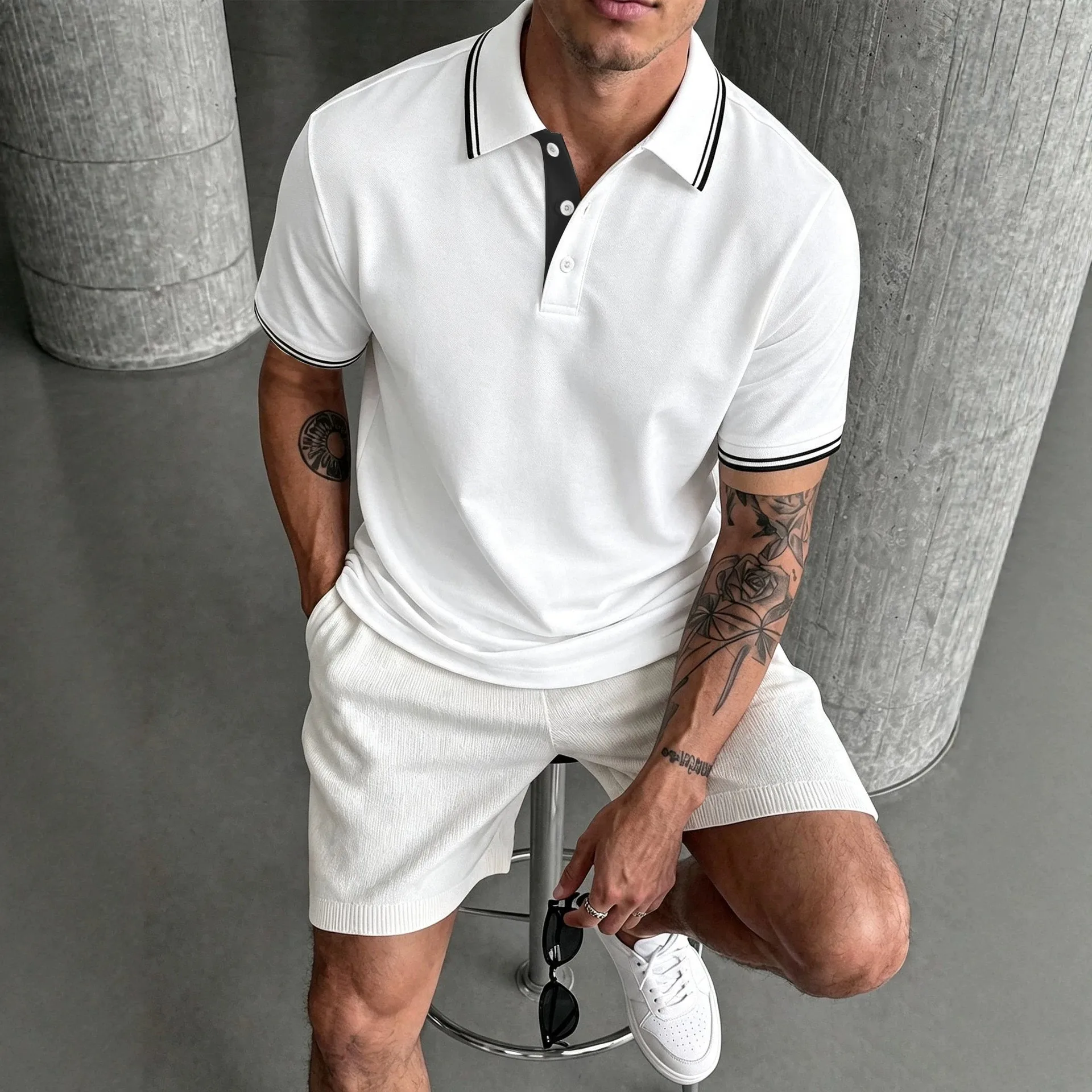 Men's Contrast Collar Striped Polo Shirts Solid Color Breathable Short Sleeve Casual Business Tees