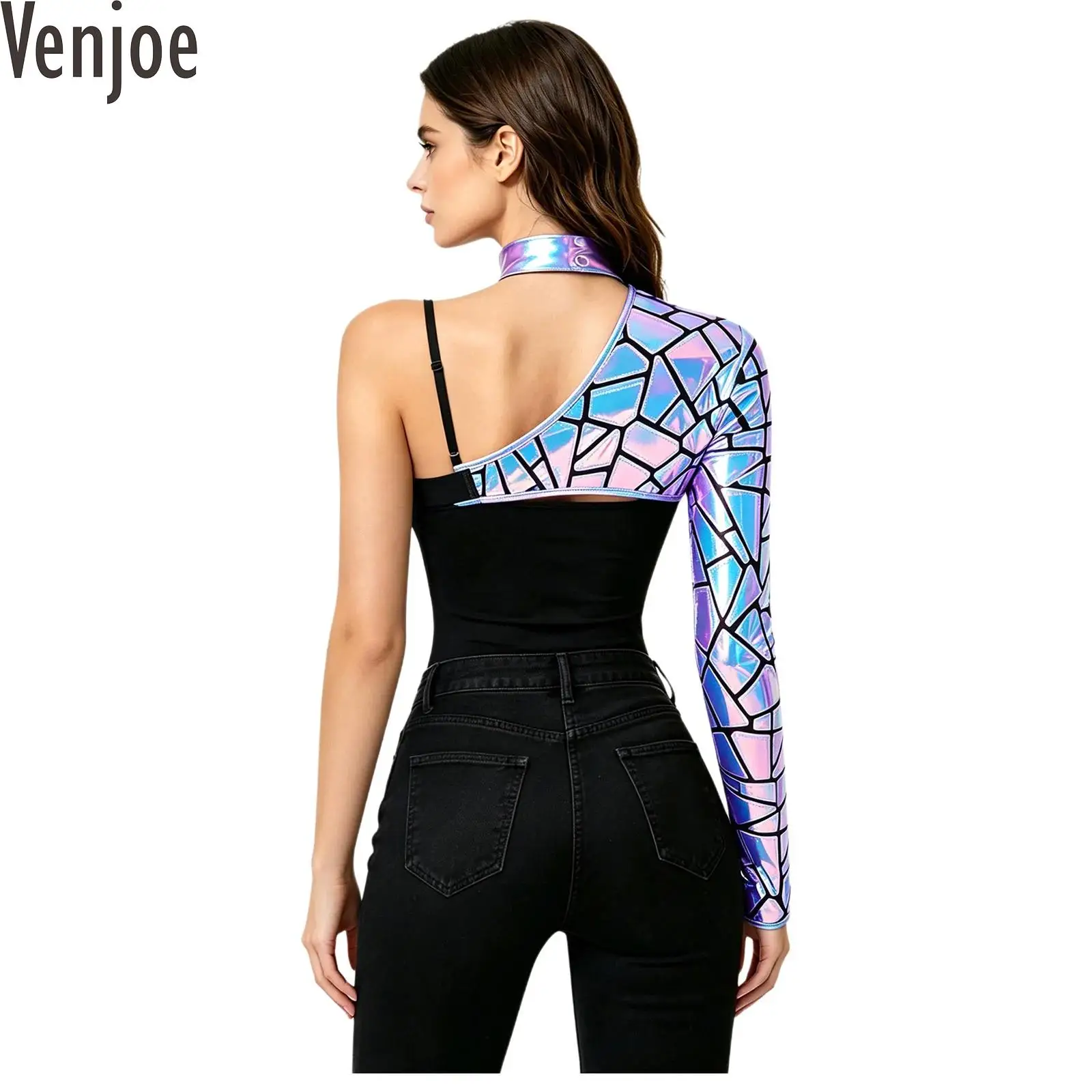 Women One Shoulder Metallic Crop Top Asymmetrical Sequin Performance Leotard Top Halloween Astronaut Space Alien Cosplay Costume