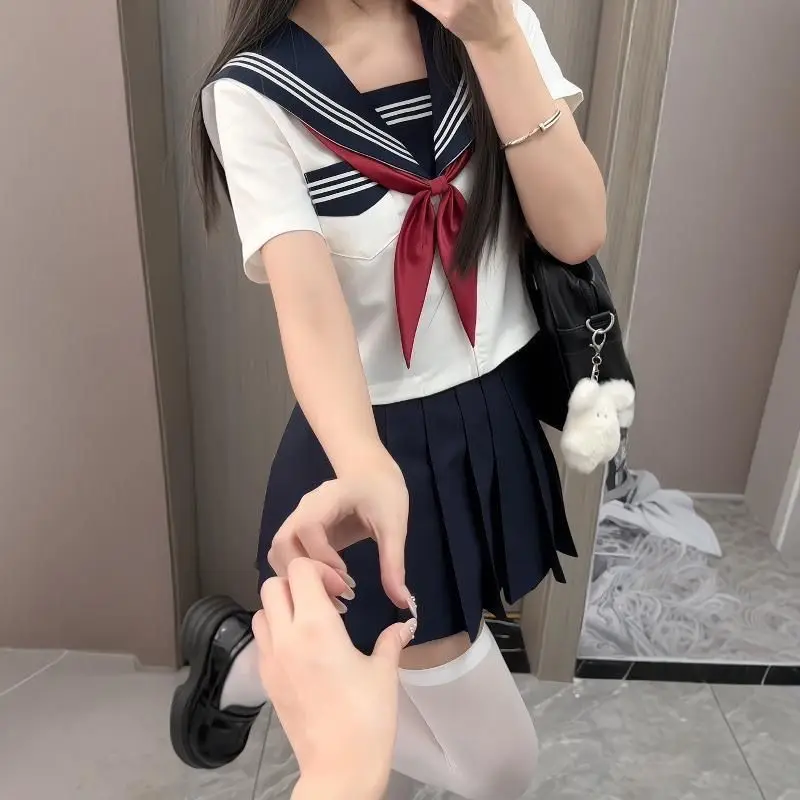 Preppy Style JK-Uniform-Set, weißes Design mit drei Streifen, marineblauer Rock, japanisch inspiriertes Basic-Campus-Outfit für Mädchen