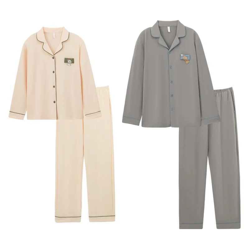 

Antibacterial Cotton Couple Pajamas Long Sleeve Men'S Cotton Solid Colour Homewear Set Women'S Sleepwear