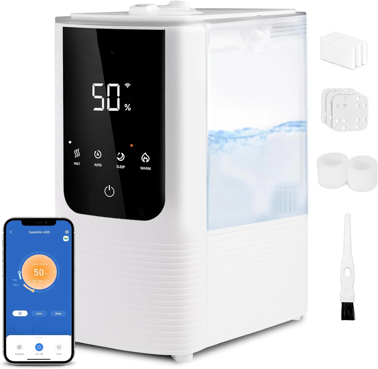 

6L Smart Warm and Cool Mist Humidifiers for Bedroom, 60H Runtime and Auto Customized Humidity for Large room, Schedule, Easy To