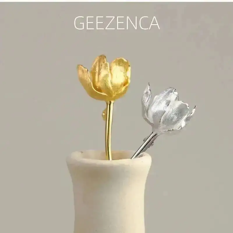 

GEEZENCA стерлингового серебра 925 пробы 3D броши с цветком тюльпана для женщин эстетические растения шикарные аксессуары для одежды булавки новый подарок на вечеринку