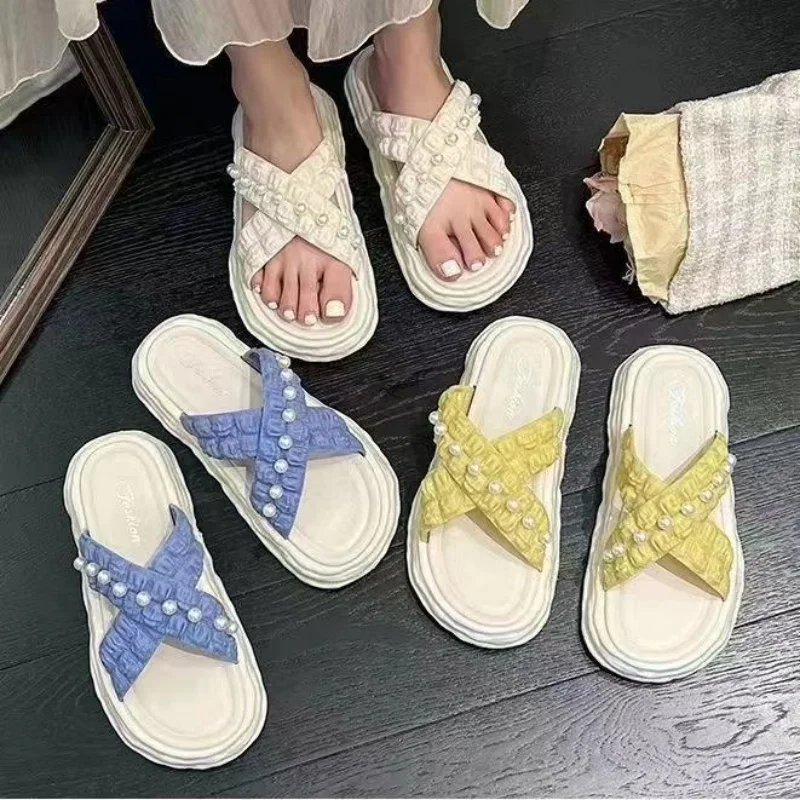 

NEW 2025 Shoes Ladies' Slippers Summer Fashion Platform Low Luxury Slides String Beam Slipers Women Rubber Summer Designer