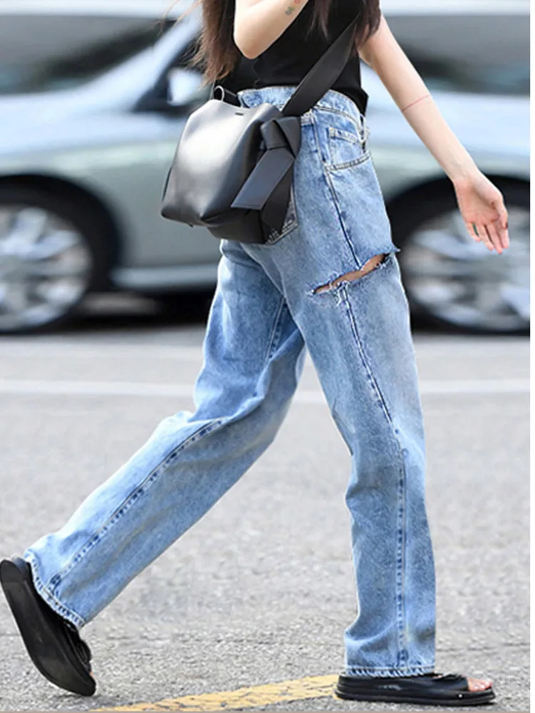 [oein] 2024 Women Summer Autumn Winter Knife Cuts Holes Pants Wide Leg High Waist Jeans Street Trendsetters