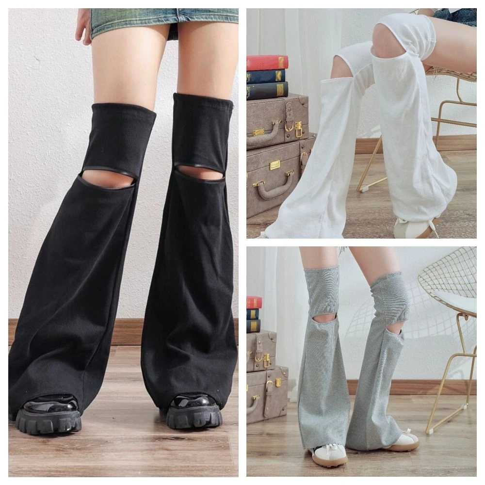 Moda Y2k Leg Warmers Women Horn Shape Solid Knee High Socks Elastic Casual Broken Hollow Stockings Autumn