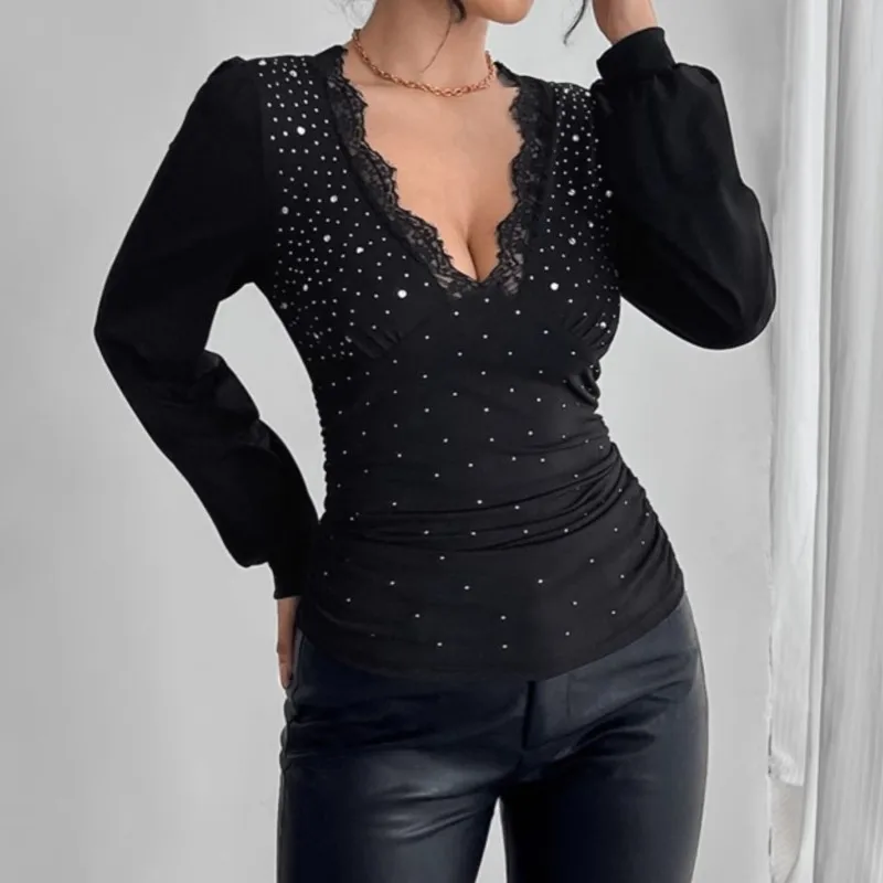 

Сексуальная кружевная футболка с V-образным вырезом для женщин, модная черная блузка с пайетками, длинный рукав, облегающий крой, повседневная, для праздников, в стиле High Street