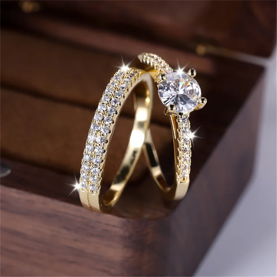 Conjunto de anillos de lujo para mujer, 2 uds., pequeños, redondos, con piedra de circón blanco, color dorado, joyería de compromiso y boda para mujer