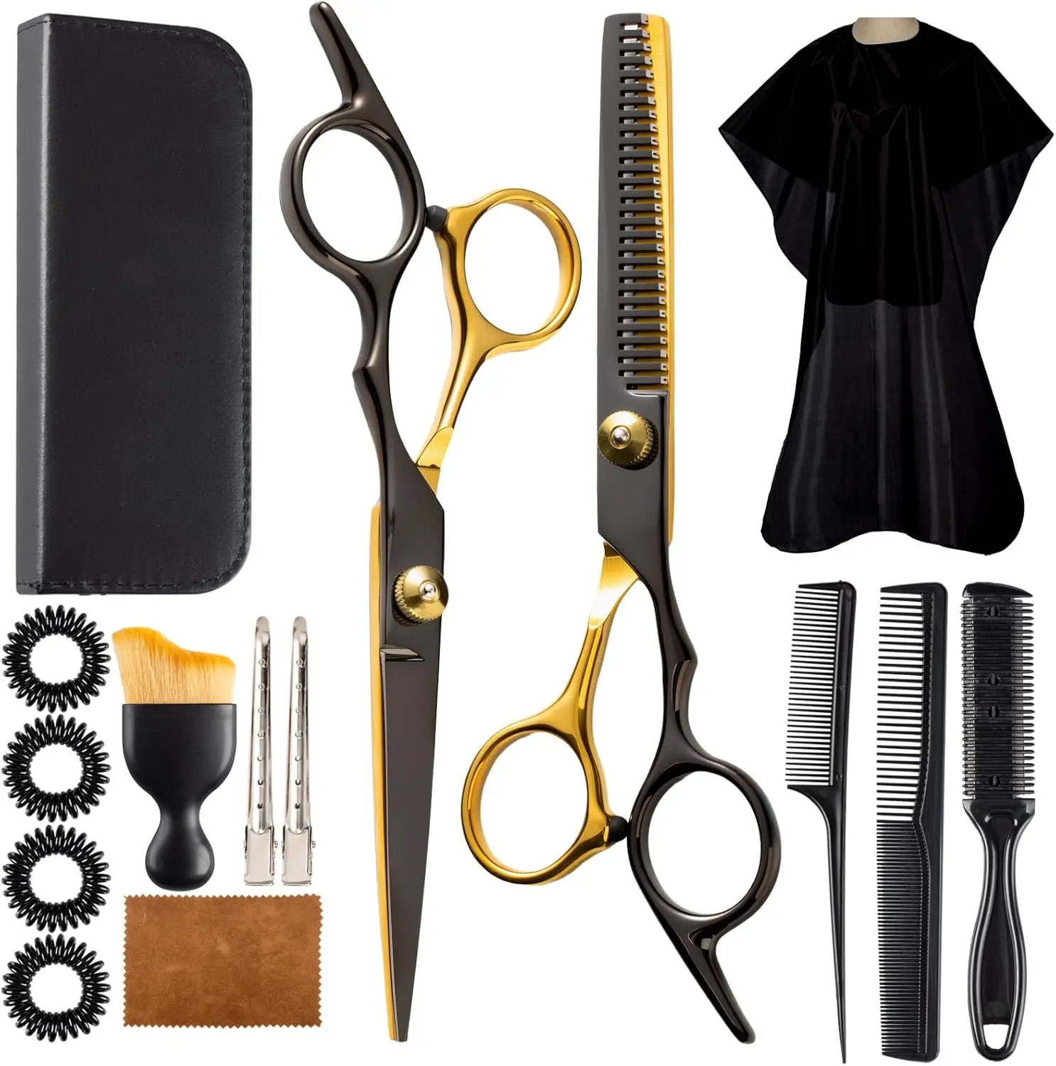 

15-Piece Professional Hair Cutting Scissors Set, Thinning Shears for Men and Women, Black Gold Stainless Steel Barber Kit
